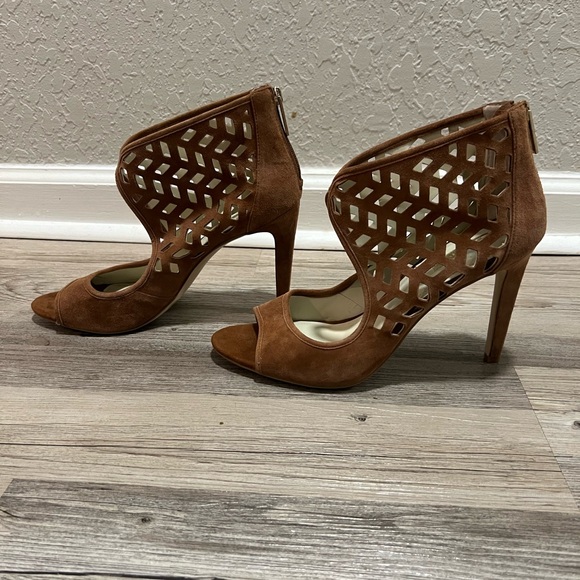 BCBG Camel Suede Peep Toe Ankle Heels - Picture 3 of 5